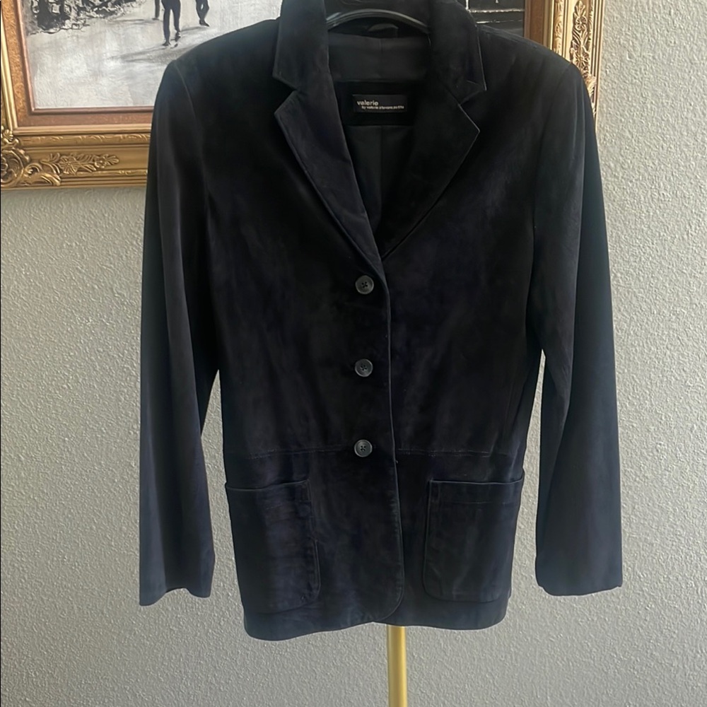 Valerie Stevens Black leather Blazer Fitted Notched Lapel